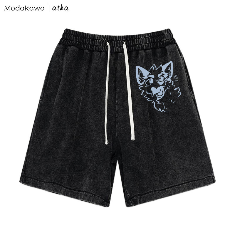 MODAKAWA X atka Playful Fox Face Graphic Vintage Washed Shorts - Black - 3XL - image 2