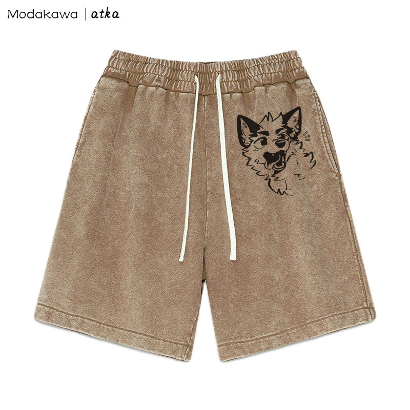 MODAKAWA X atka Playful Fox Face Graphic Vintage Washed Shorts - Brown - 3XL - image 1