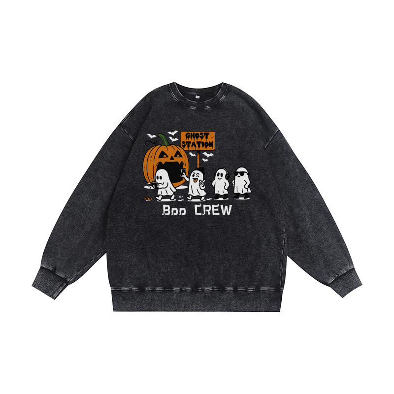 BOO CREW Unisex Vintage Washed Sweatshirt Ghosts Pumpkin Halloween Graphic Crewneck Pullover - Black - 3XL - image 2