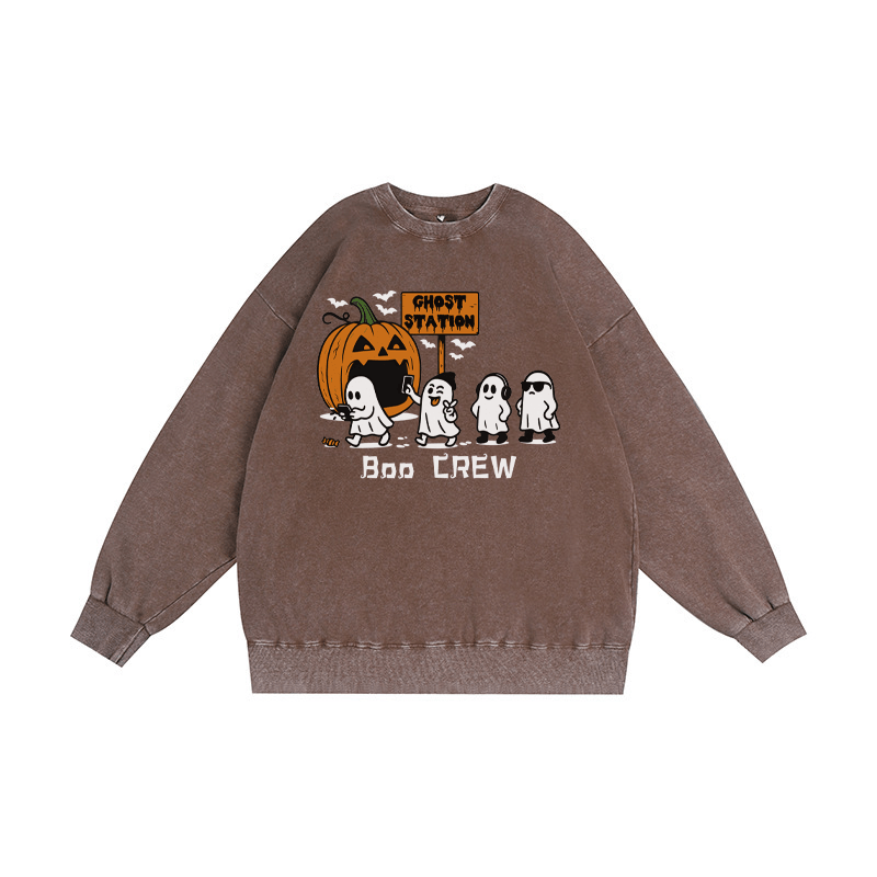 BOO CREW Unisex Vintage Washed Sweatshirt Ghosts Pumpkin Halloween Graphic Crewneck Pullover - Brown - 3XL - image 1