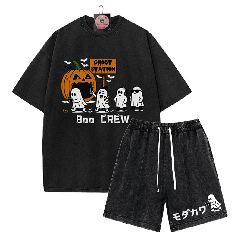 BOO CREW Ghost Station Halloween Graphic T-shirt Vintage Washed Shorts Two Pieces Set - Black - 3XL - image 8