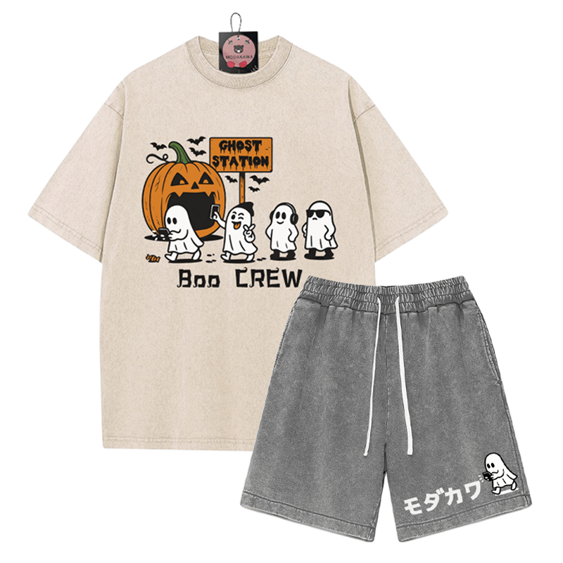 BOO CREW Ghost Station Halloween Graphic T-shirt Vintage Washed Shorts Two Pieces Set - Apricot&Grey - 3XL - image 3