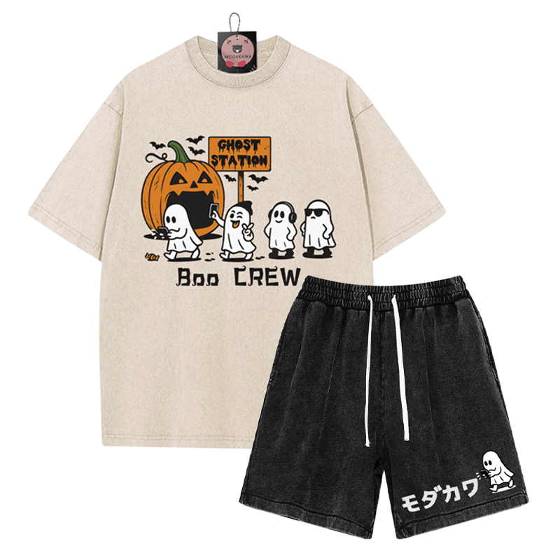 BOO CREW Ghost Station Halloween Graphic T-shirt Vintage Washed Shorts Two Pieces Set - Apricot&Black - 3XL - image 2