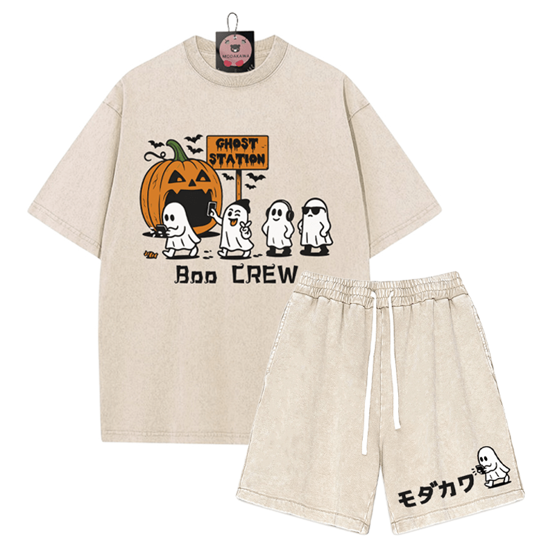 BOO CREW Ghost Station Halloween Graphic T-shirt Vintage Washed Shorts Two Pieces Set - Apricot - 3XL - image 4
