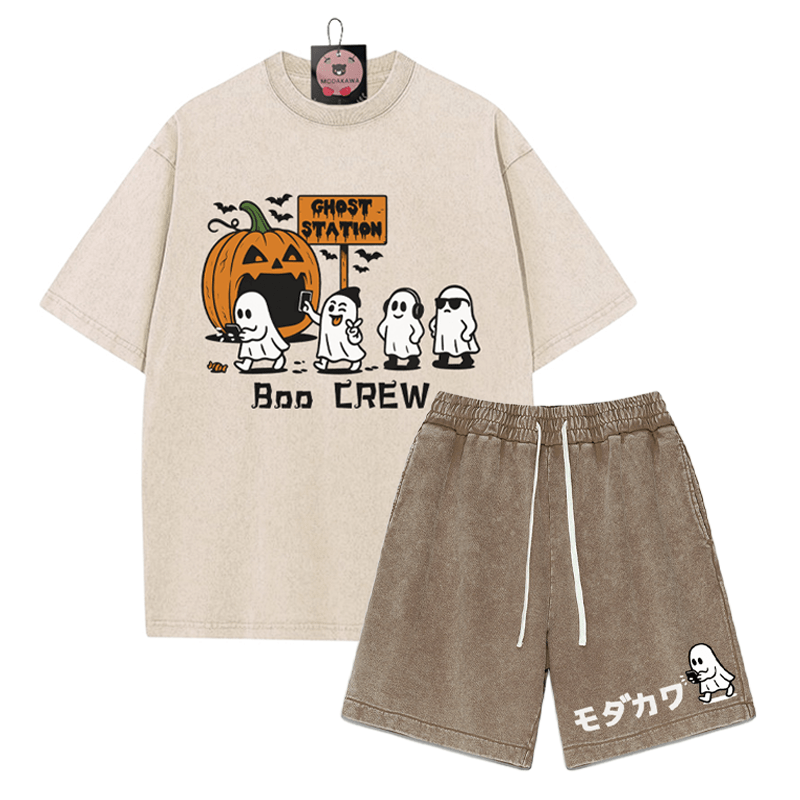 BOO CREW Ghost Station Halloween Graphic T-shirt Vintage Washed Shorts Two Pieces Set - Apricot&Brown - 3XL - image 1
