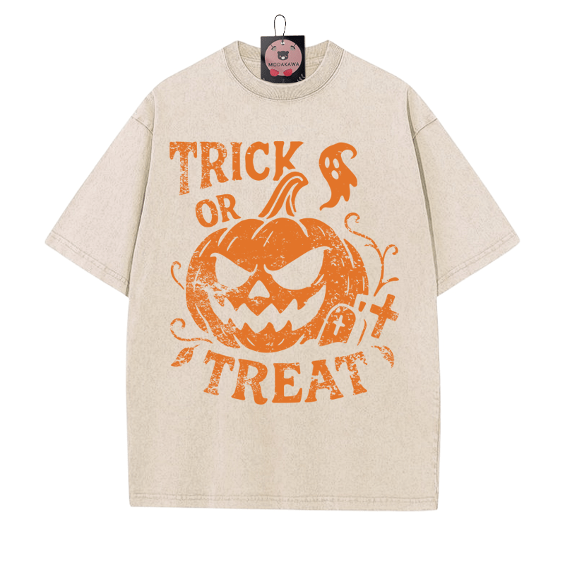 TRICK OR TREAT Pumpkin Graphic Unisex Vintage Washed T-Shirt - Apricot - 5XL - image 4