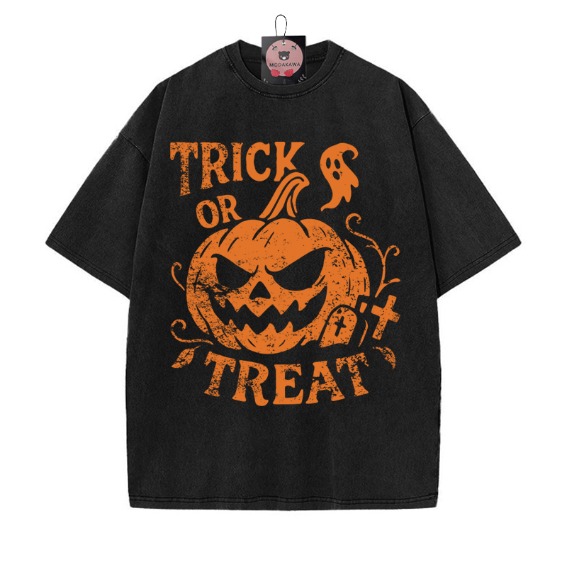 TRICK OR TREAT Pumpkin Graphic Unisex Vintage Washed T-Shirt - Black - 5XL - image 1