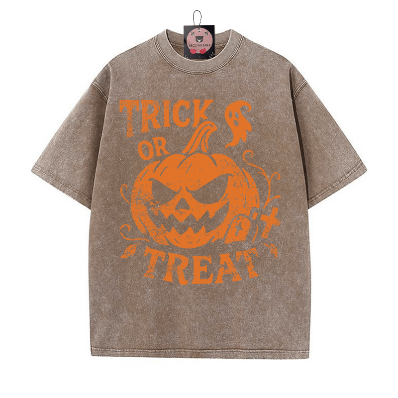 TRICK OR TREAT Pumpkin Graphic Unisex Vintage Washed T-Shirt - Brown - 5XL - image 3
