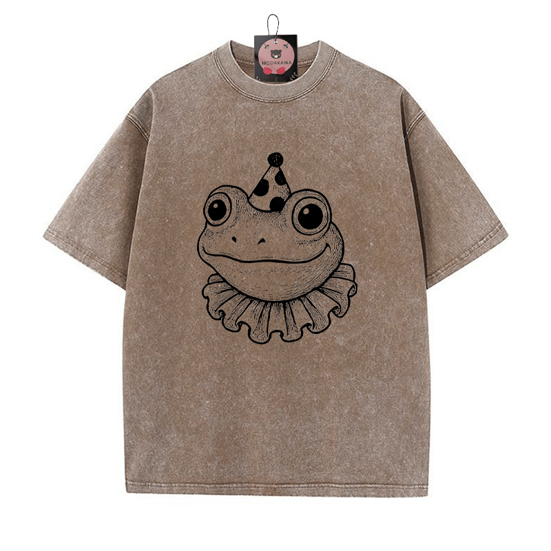 Frog Graphic Unisex Vintage Washed T-Shirt - Brown - 5XL - image 1