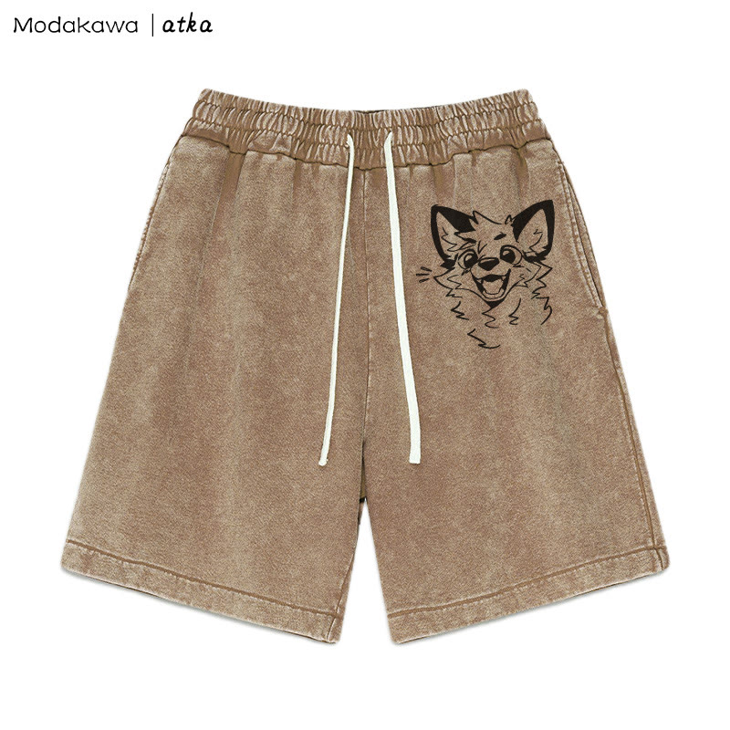 MODAKAWA X atka Cheerful Fox Graphic Vintage Washed Shorts - Brown - 3XL - image 2