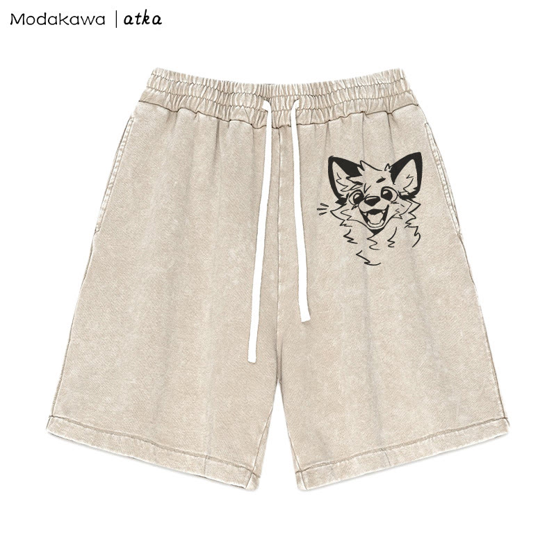 MODAKAWA X atka Cheerful Fox Graphic Vintage Washed Shorts - Apricot - 3XL - image 1