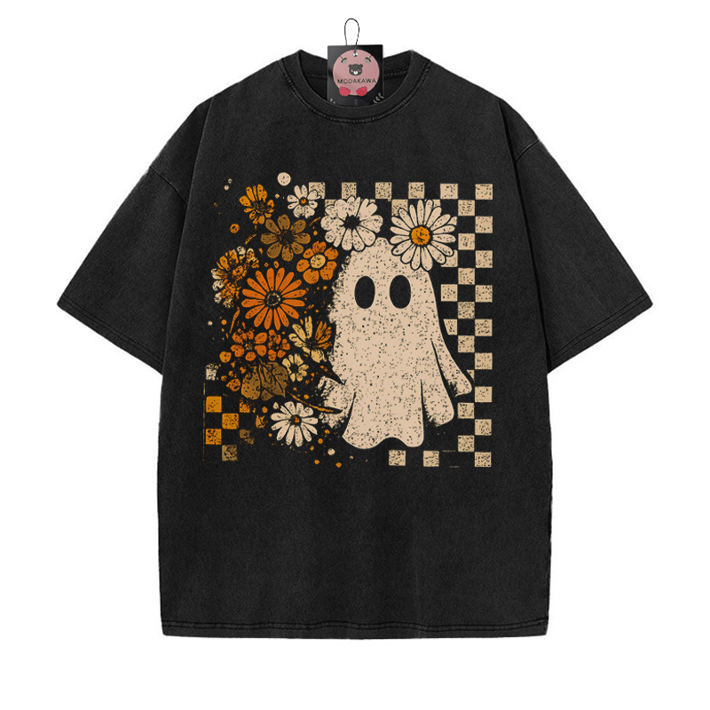 Floral Boo Cute Ghost Halloween Graphic Graphic Unisex Vintage Washed T-Shirt - Black - 5XL - image 2