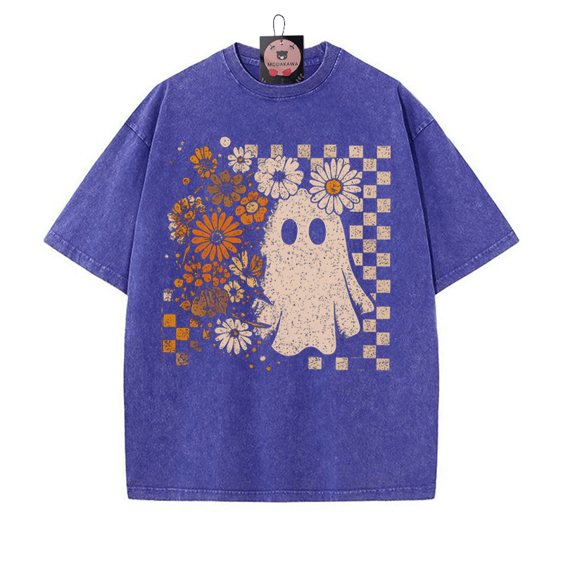 Floral Boo Cute Ghost Halloween Graphic Graphic Unisex Vintage Washed T-Shirt - Blue - 5XL - image 3
