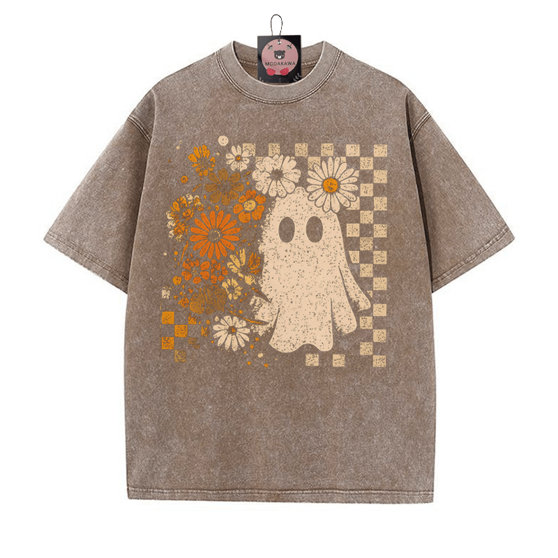 Floral Boo Cute Ghost Halloween Graphic Graphic Unisex Vintage Washed T-Shirt - Brown - 5XL - image 1