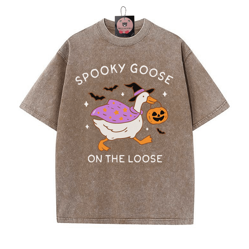 SPOOKY GOOSE ON THE LOOSE Halloween Graphic Unisex Vintage Washed T-Shirt - Brown - 5XL - image 2