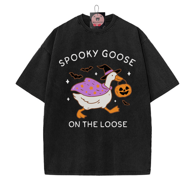 SPOOKY GOOSE ON THE LOOSE Halloween Graphic Unisex Vintage Washed T-Shirt - Black - 5XL - image 1