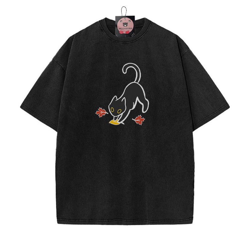 Black Cat Pouncing on Leaf Halloween Graphic Unisex Vintage Washed T-Shirt - Black - 5XL - image 2
