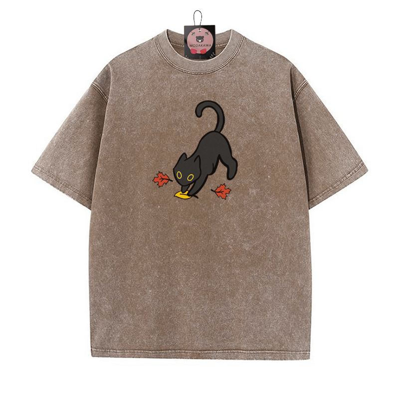 Black Cat Pouncing on Leaf Halloween Graphic Unisex Vintage Washed T-Shirt - Brown - 5XL - image 1