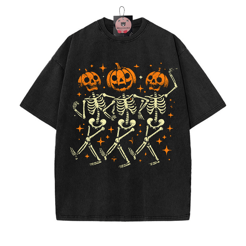 Pumpkin Dance Party Skeleton Halloween Graphic Unisex Vintage Washed T-Shirt - Black - 5XL - image 3