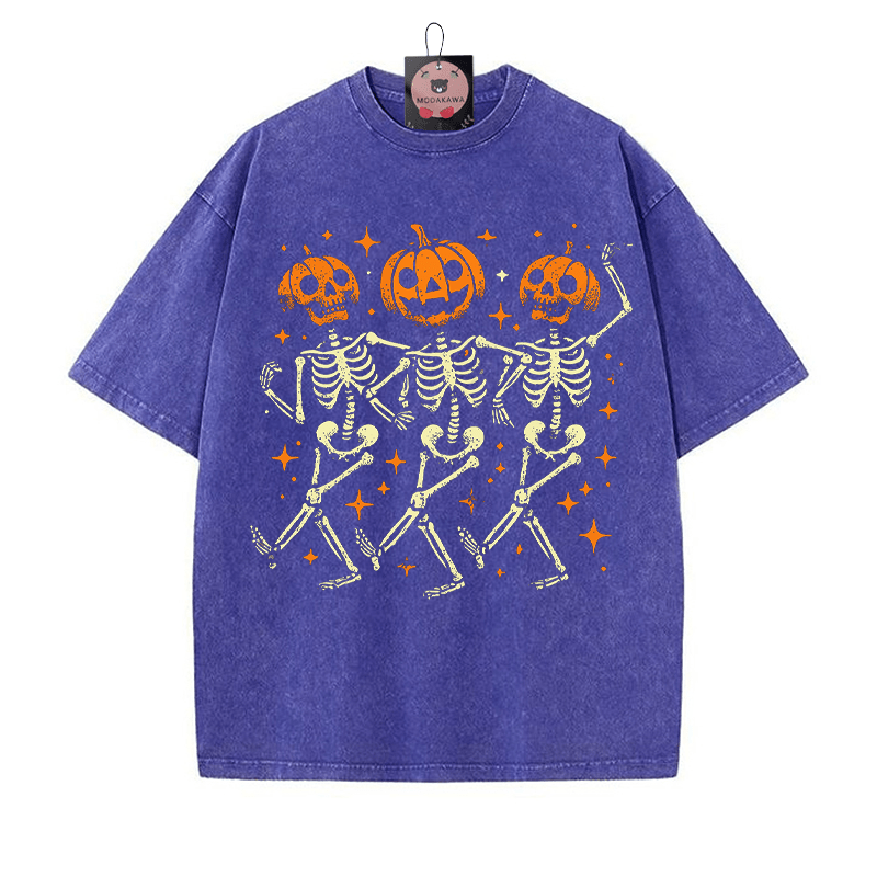 Pumpkin Dance Party Skeleton Halloween Graphic Unisex Vintage Washed T-Shirt - Blue - 5XL - image 1