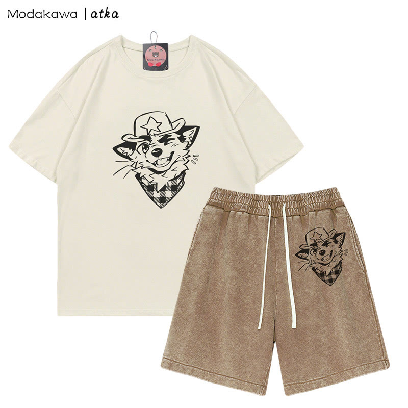 MODAKAWA X atka Cowboy Fox Winking Graphic T-shirt Vintage Washed Shorts Two Pieces Set - Beige&Brown - 3XL - image 3