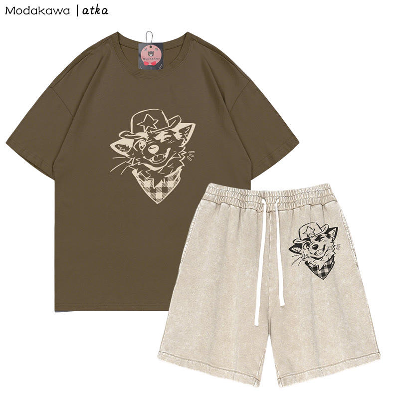 MODAKAWA X atka Cowboy Fox Winking Graphic T-shirt Vintage Washed Shorts Two Pieces Set - Brown&Apricot - 3XL - image 1