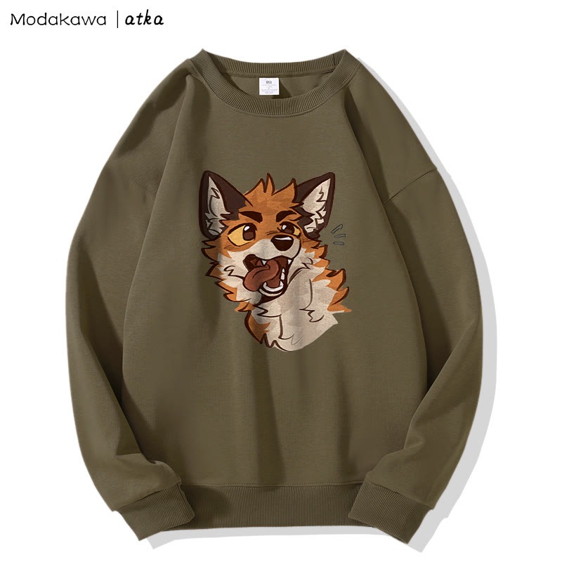 MODAKAWA X atka Playful Fox Face Graphic Sweatshirt - Khaki - 5XL - image 2