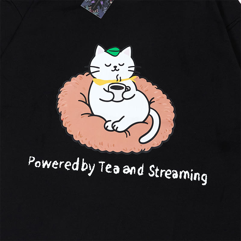 POWERED BY TEA AND STREAMING Kitty Print 100% Cotton Modakawa T-shirt - image 2
