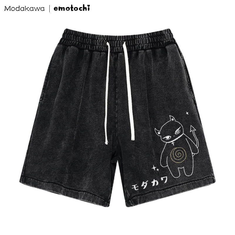 MODAKAWA X emotochi Demon Kitty Graphic Vintage Washed Shorts - Black - 3XL - image 1