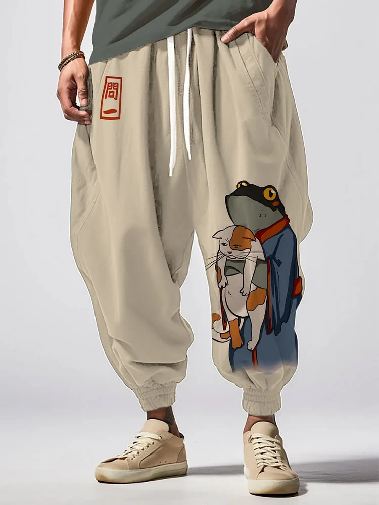 Kimono Frog and Sad Cat Japanese Graphic Print Drawstring Lounge Pants - Apricot - 5XL - image 1