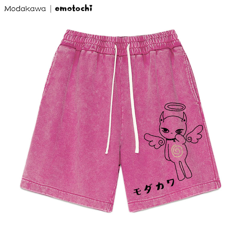 Angel Kitty Graphic Vintage Washed Shorts - Rose Red - 3XL - image 1