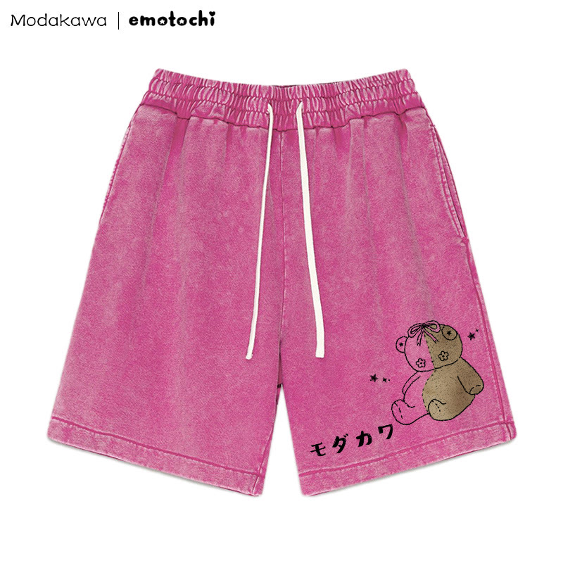 Stitched Bear Graphic Vintage Washed Shorts - Rose Red - 3XL - image 2