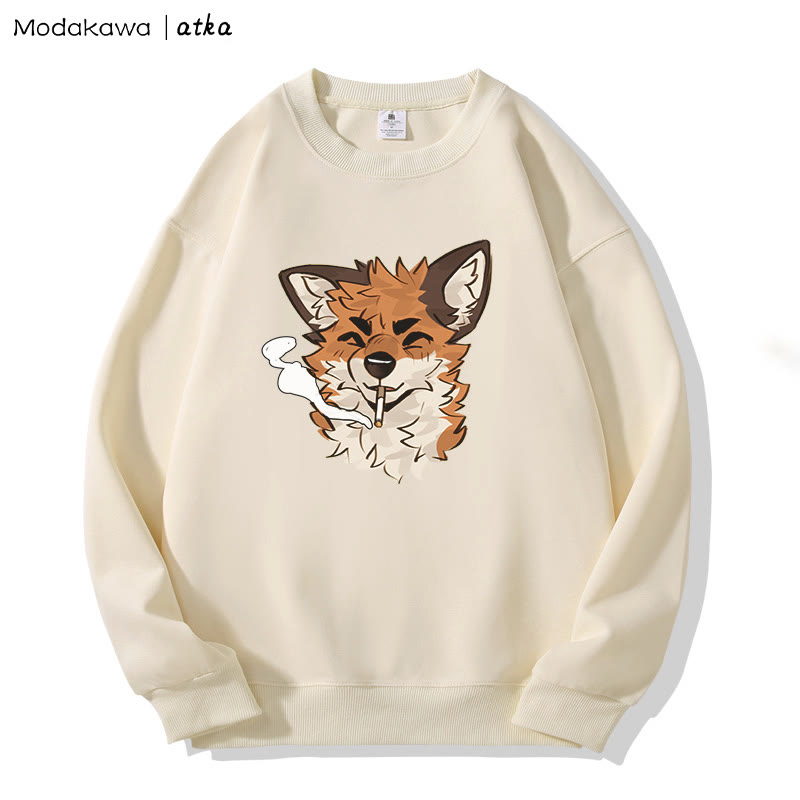 MODAKAWA X atka Fox Smoking Graphic Round Collar Sweatshirt - Apricot - 5XL - image 2