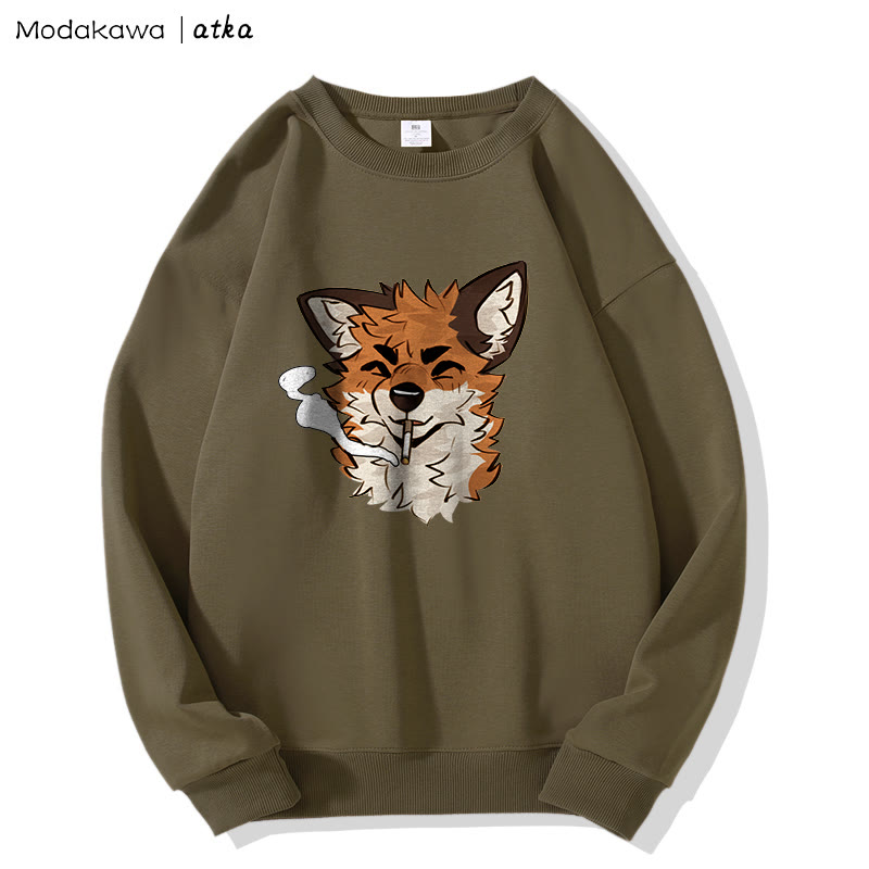 MODAKAWA X atka Fox Smoking Graphic Round Collar Sweatshirt - Khaki - 5XL - image 1