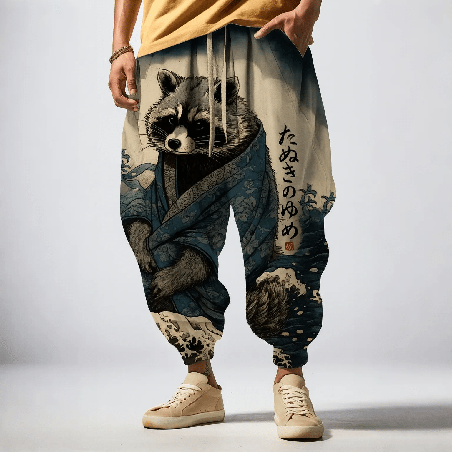 Raccoon Sea Waves Print Relaxed Drawstring Sweatpants - Apricot - 5XL - image 1