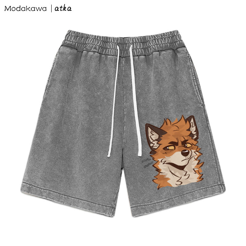 Cheeky Fox Face Graphic Vintage Washed Shorts - Grey - 3XL - image 1