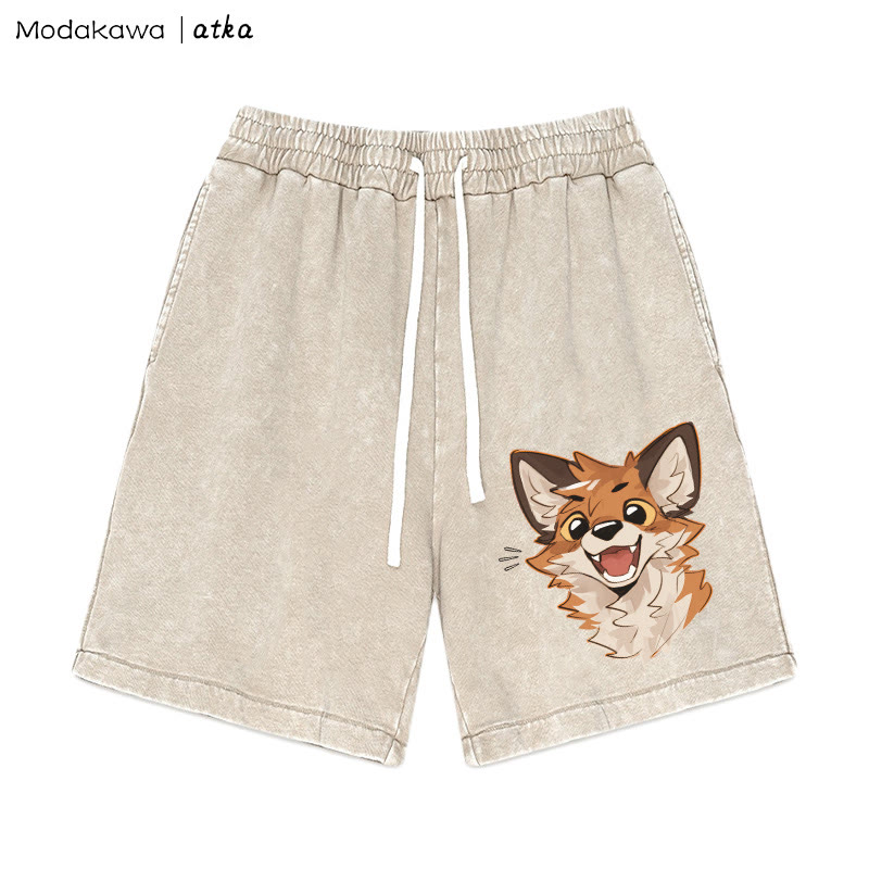 Cheerful Fox Graphic Vintage Washed Shorts - Apricot - 3XL - image 1