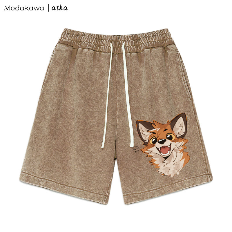 Cheerful Fox Graphic Vintage Washed Shorts - Brown - 3XL - image 4