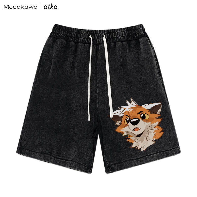 Surprised Fox Graphic Vintage Washed Shorts - Black - 3XL - image 1