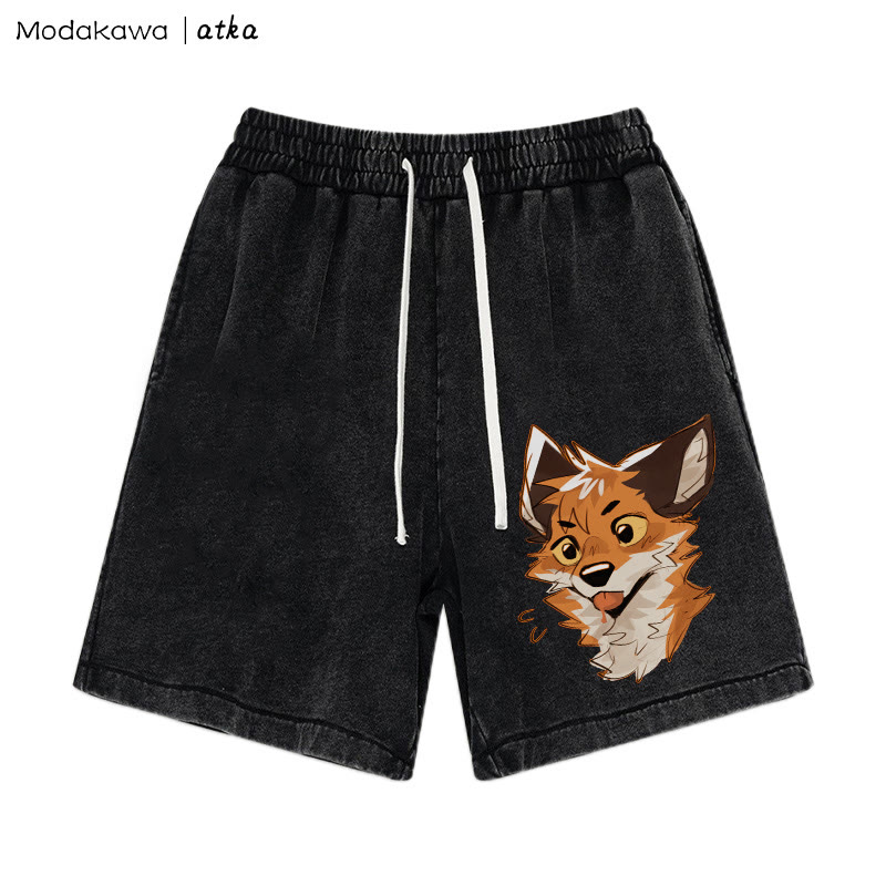 Cheeky Tongue-Out Fox Graphic Vintage Washed Shorts - Black - 3XL - image 2