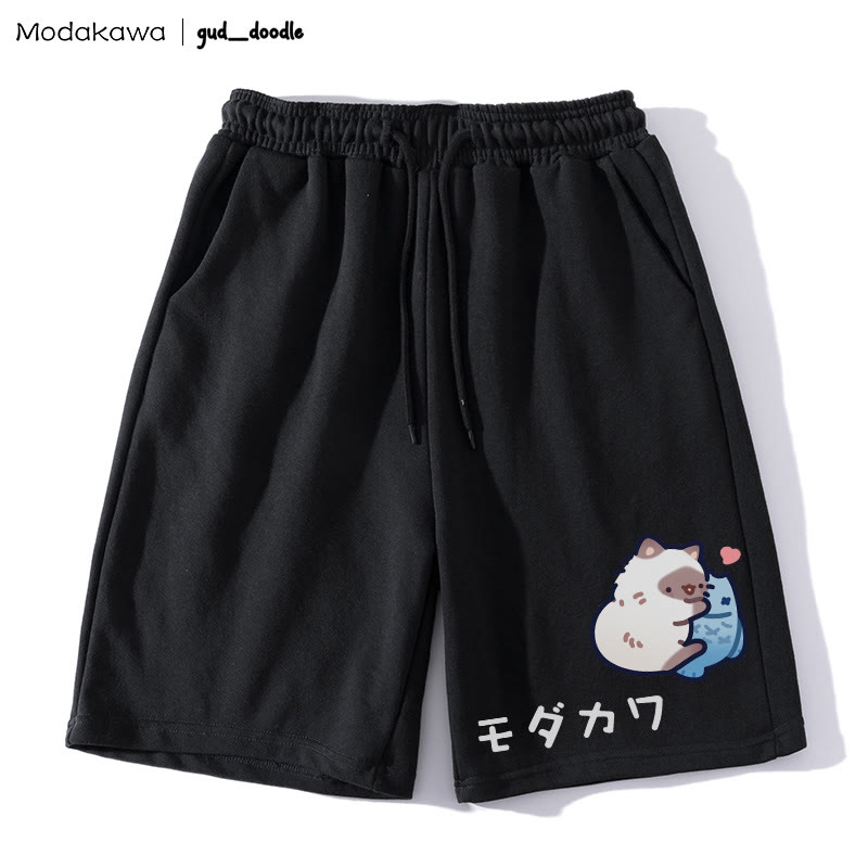 Kitty Fish Graphic Drawstring Shorts - Black - 5XL - image 1