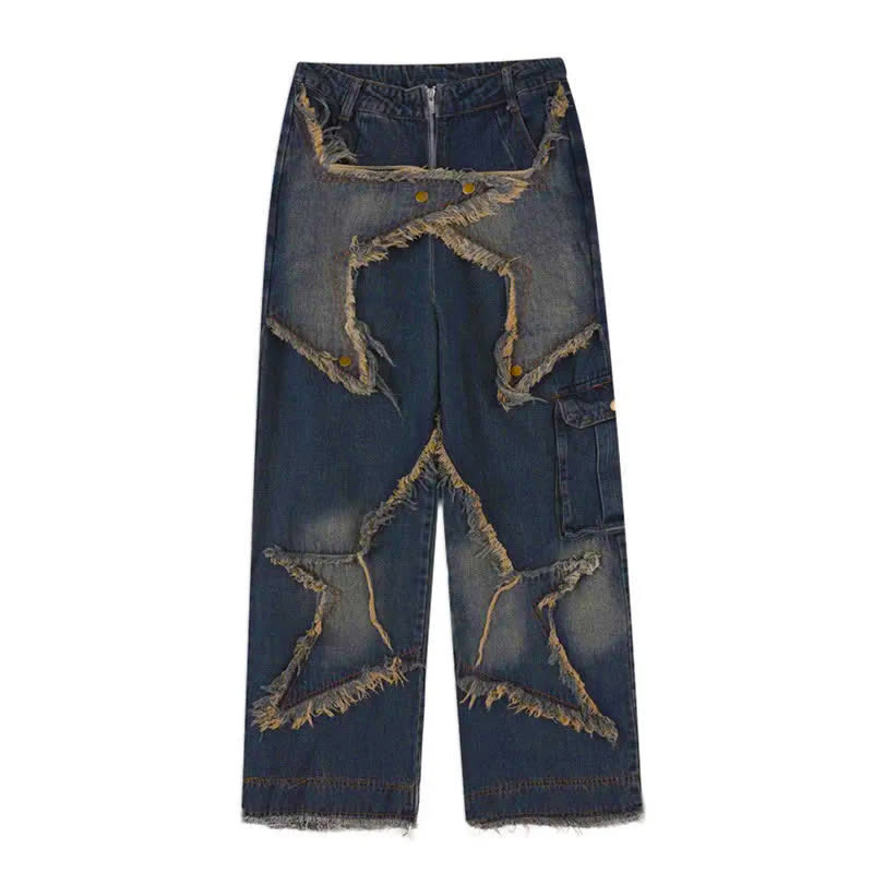 Vintage Star Pattern Loose Denim Pants - Blue - 3XL - image 2