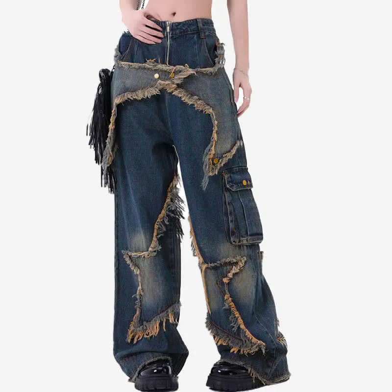Vintage Star Pattern Loose Denim Pants - image 1
