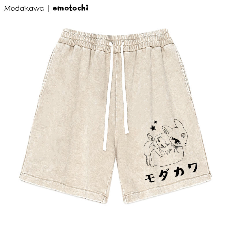 Bunny Girl Graphic Vintage Washed Shorts - Apricot - 3XL - image 2