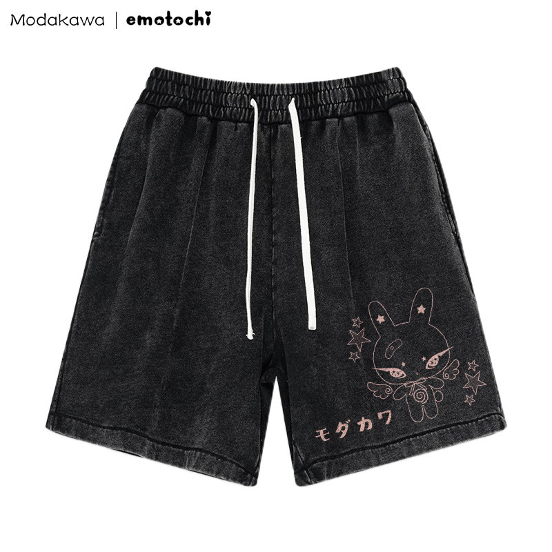 Winged Bunny Graphic Vintage Washed Shorts - Black - 3XL - image 1