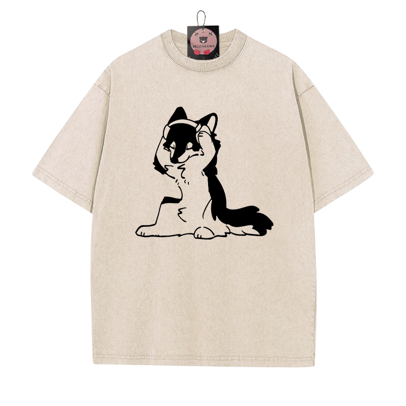 Lost In Music Puppy Graphic Unisex Vintage Washed T-shirt - Apricot - 5XL - image 2