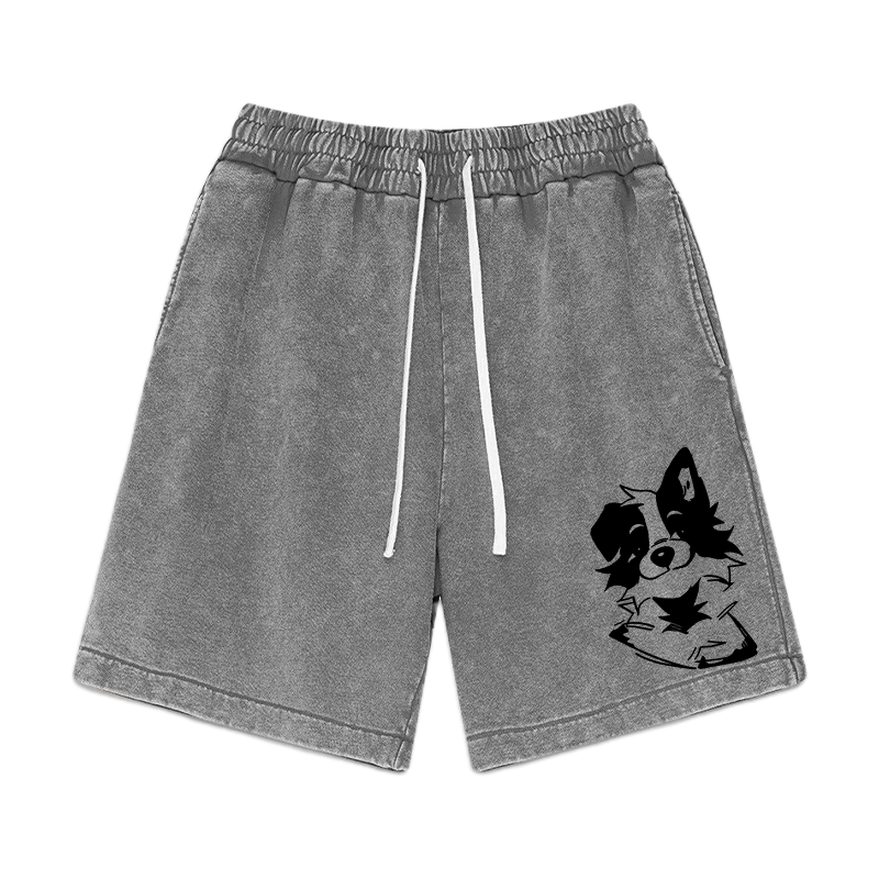 Fluffy Puppy Graphic Vintage Washed Shorts - Grey - 3XL - image 2
