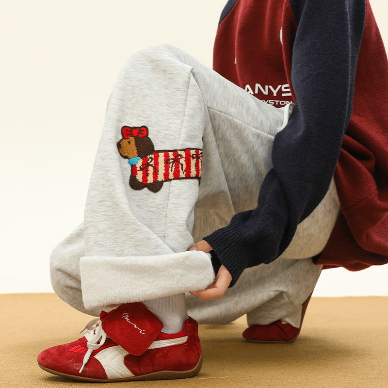 Puppy Embroidery Cozy Thick Sherpa Fleece Pants Winter Lounge Pants - Grey B – Regular Fleece - 3XL - image 9