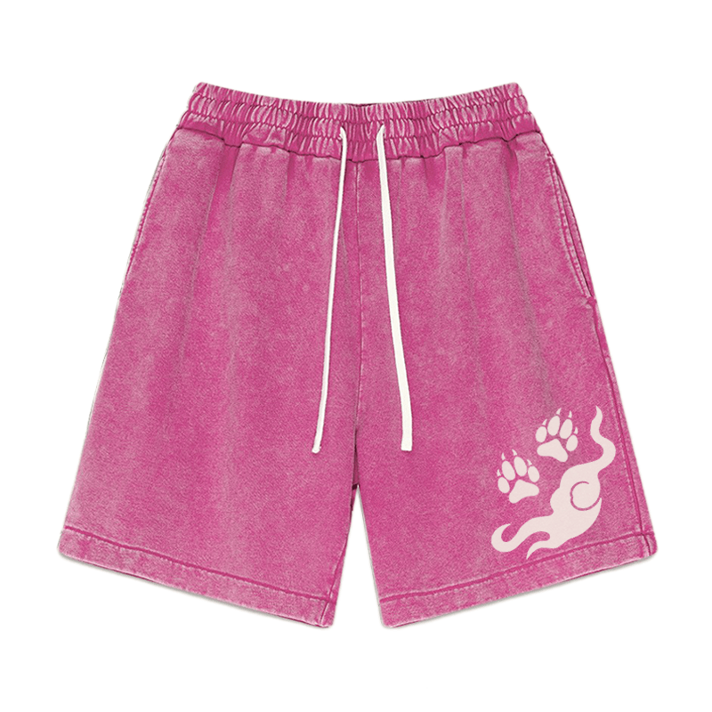 Paw Flame Graphic Vintage Washed Streetwear Shorts - Rose Red - 3XL - image 1