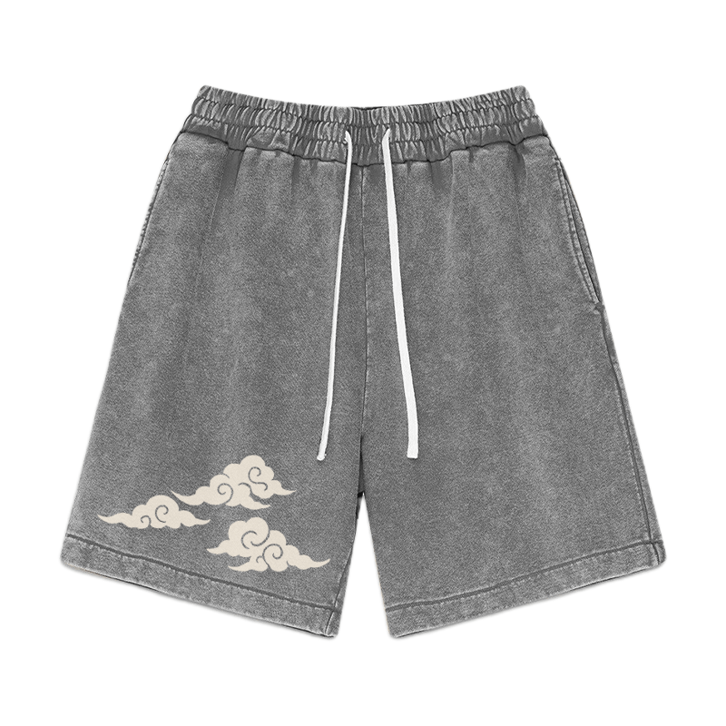 Oriental Cloud Graphic Vintage Washed Streetwear Shorts - Grey - 3XL - image 2